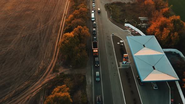 Aerial View of a Traffic Jam From Vehicles on an Evening Country Road in the Evening alt