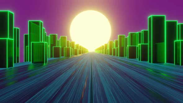 Stylized vintage  Sunset in futuristic city