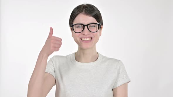 Young Woman Showing Thumbs Up on White Background alt