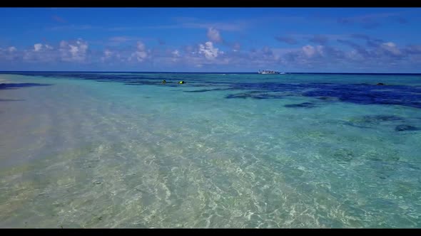 Aerial drone shot travel of tranquil resort beach adventure by shallow water with white sand backgro alt