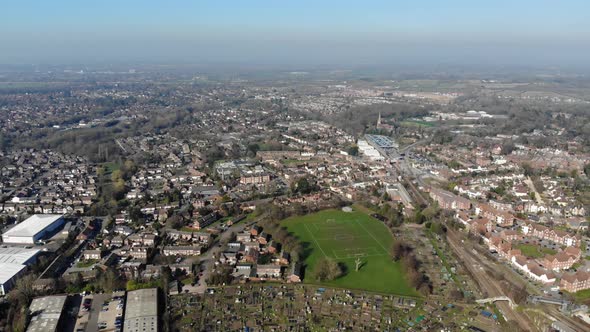 Aerial footage of the UK British town of Wokingham alt