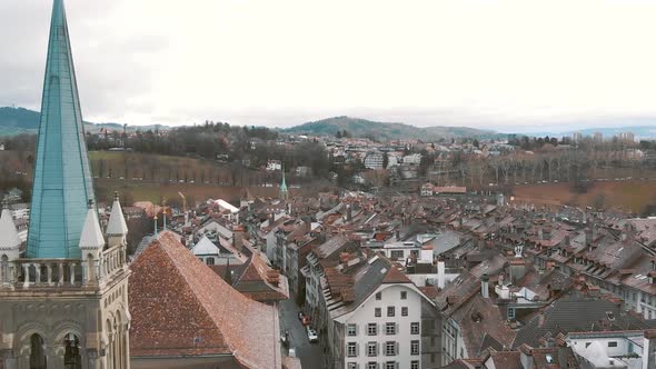 Bern cityscape , aerial forward establisher, Switzerland. Medieval townhouses alt