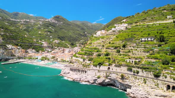 Amazing Aerial View of Maiori and Minori Along Amalfi Coast in Summer Season Italy alt