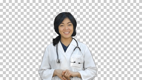 Positive chinese doctor talking to camera, Alpha Channel