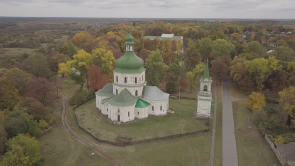 Aerial to Village Sedniv and Church of the Resurrection Ukraine