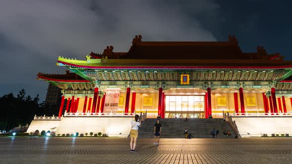 time lapse of National Concert Hall of Chiang Kai-Shek Memorial Hall at night in Taipei, Taiwan.