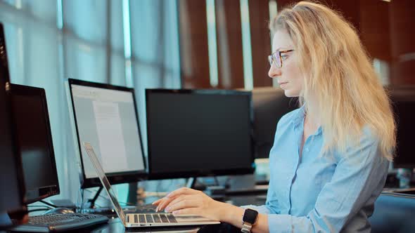 Woman Software Developer. Focused Coder Development Web Application. Senior Programming On Laptop. alt