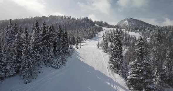 Aerial moving shot of skiing slope  alt