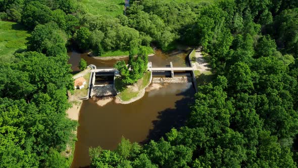 Aerial view of the modern watershed of several rivers in a UNESCO protected area near Trebon. River alt