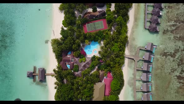 Aerial nature of exotic coast beach voyage by shallow lagoon and white sandy background of journey n alt