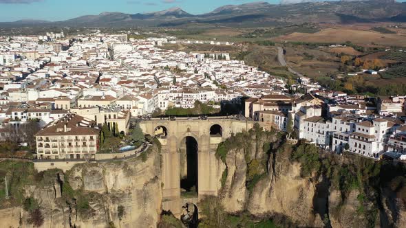 Town of Ronda Spain in the province of Málaga with Puente Nuevo arch bridge joining the village, Aer alt