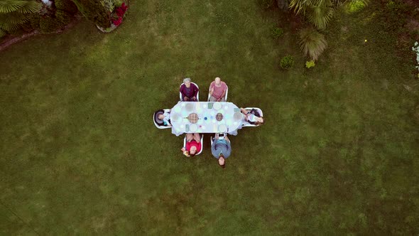 Aerial view of family at garden table for lunch. alt