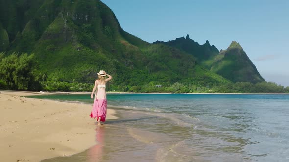 Happy Young Woman on Beach at Sunrise Female in Dress Running in Slow Motion alt