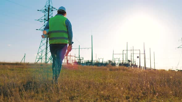 Architect Worker Checking Construction Project On Electric Tower alt