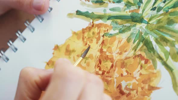 Closeup of Female Hand with Paintbrush is Drawing a Pineapple By Watercolors