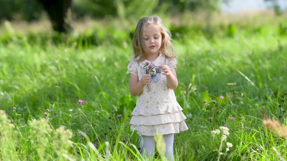 Cute little girl in a dress walks Outdoors in a green park.