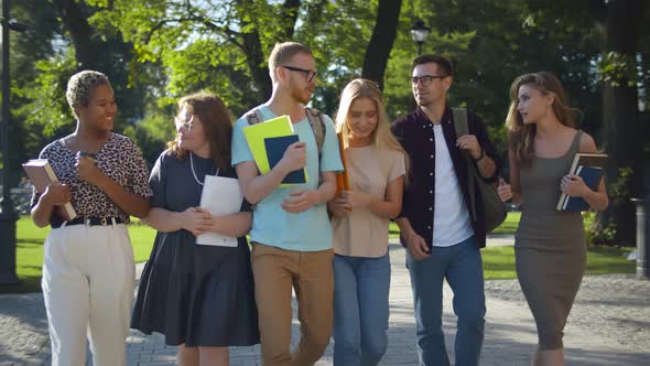 Multiethnic Group of Young Cheerful Students Walking and Talking Outdoors alt