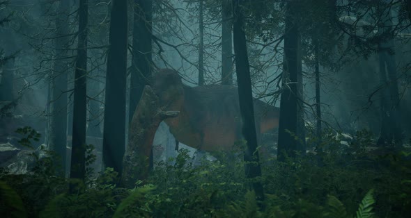 Tyrannosaurus Walks Through the Jurassic Jungle The Age of Dinosaurs Trex on the Hunt 3D Rendering alt