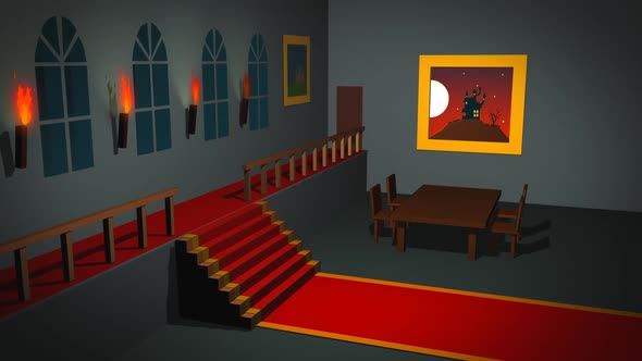 Mansion interior with torches, carpet and old furniture haunted by the ghost. alt