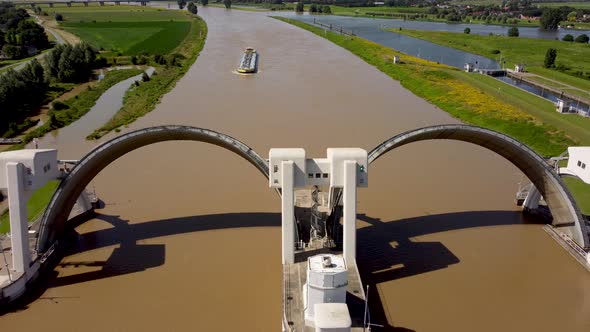 Lock and weir In Dutch River Lek Called Sluice Hagestein, aerial alt
