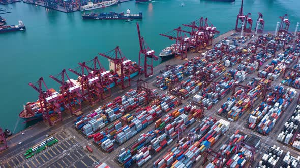 Hyperlapse of Aerial view of container logitics shipping business at ...