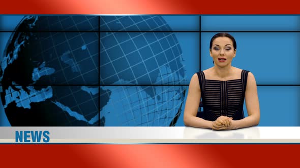 Female Newscaster Reports During News Program In TV Studio