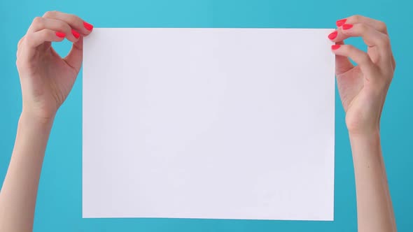 Finger Points on Blank Sheet of Paper in Female Hand alt