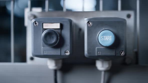 Factory Machine Stop Button on Technological Manufacture Automat Panel Closeup alt