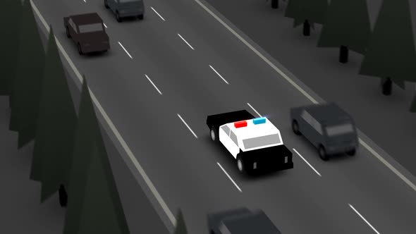The police car speeding on a busy road, The vehicle is going fast between cars. alt