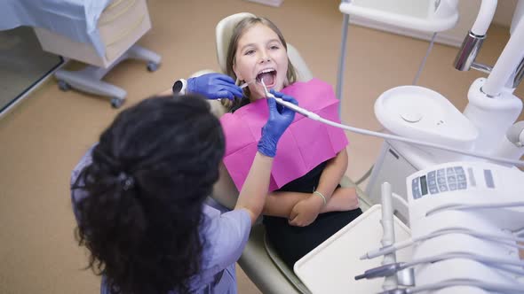 High Angle View Teenage Girl in Dentist Chair Opening Mouth As Doctor Using Mouth Mirror and Tooth alt