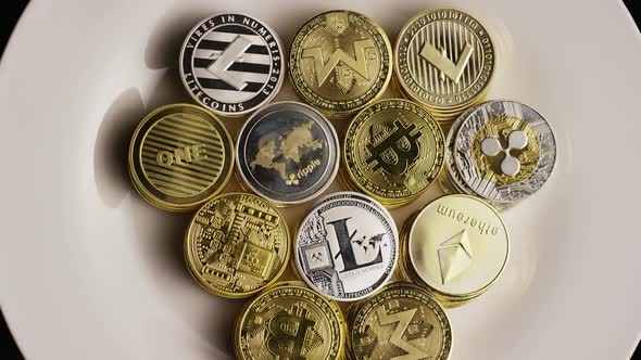 Rotating shot of Bitcoins  alt