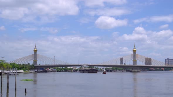 Maha Chesadabodindranusorn Bridge over Chao Phraya river in Nonthaburi, Thailand.