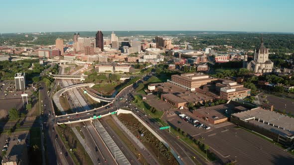 Aerial View Elevating up Over Downtown St. Paul Minnesota