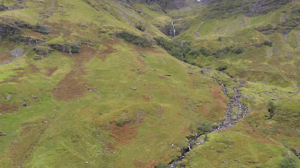 Aerial view of a waterfall in the highlands in Scotland