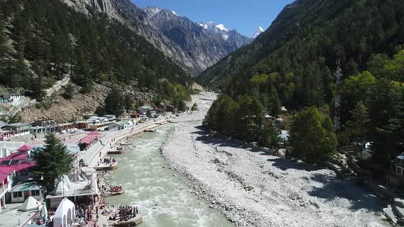 Gangotri village in the state of Uttarakhand in India seen from the sky alt