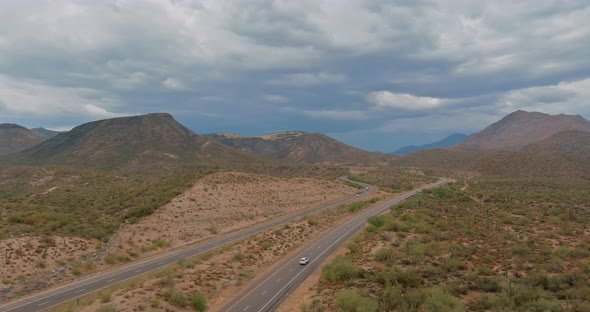 Panorama View of Long Desert Highway in Mountains Arizona Street Road alt