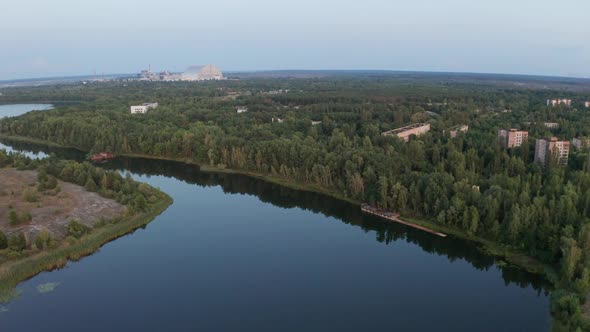 Drone Flight Over Deserted Pripyat River and Town by stusya | VideoHive
