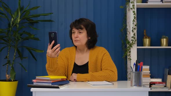 Middle Aged Woman Taking Selfie Photo at Home Office