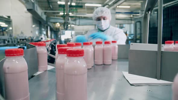 Factory Worker Picks Yogurt Bottles From a Moving Line. alt