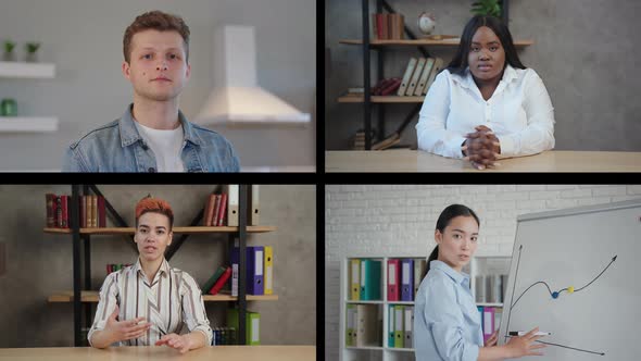 Diverse Mixed Race People Look at Web Camera Listen Webinar Lecture Participate Group Conference alt