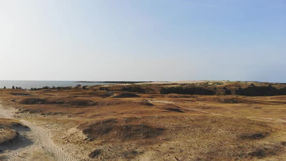 AERIAL: reveal shot of sea while flying above sand dunes late in the evening at the golden hour alt