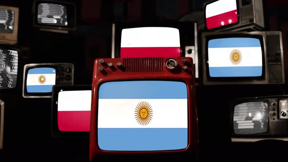 Flags of Poland and Argentina on Retro TVs. 4K.
