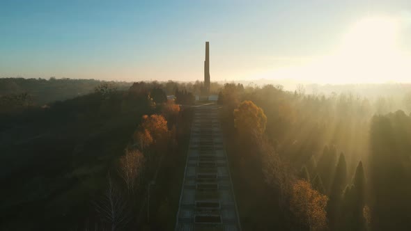 Dawn With Fog At The Glory Memorial. Autumn City Of Rivne Ukraine. Aerial Shot