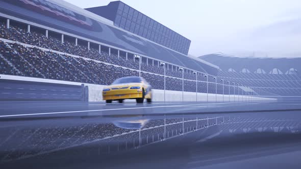 High speed racing car driving and drifting around racing track. Low camera angle alt