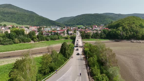 Aerial view of the bridge repair in the village of Margecany in Slovakia