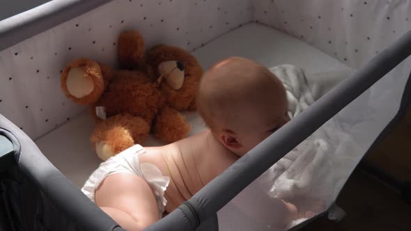 Closeup Cute Nake Diaper Kid 10 Month Newborn Boy Looking At Camera Crawling Stand on His Legs First alt