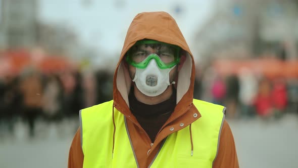 Portrait People Green Vest. Gas Mask. Rebel in Gasmask. Political Rally in City alt