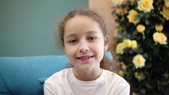 Portrait Cute Kid Child with Pretty Face Sitting on Sofa, Stock Footage