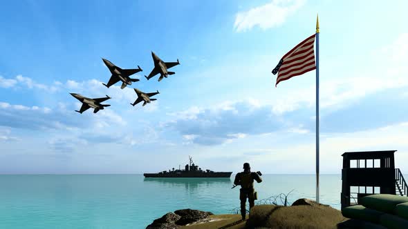 Waving American Flag Warship and Passing Warplanes alt