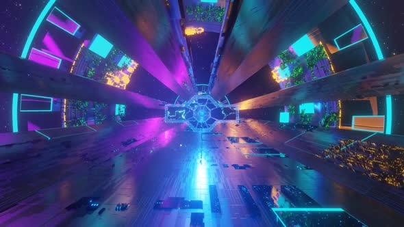 Flying into space tunnel, sci-fi corridor. Futuristic technology